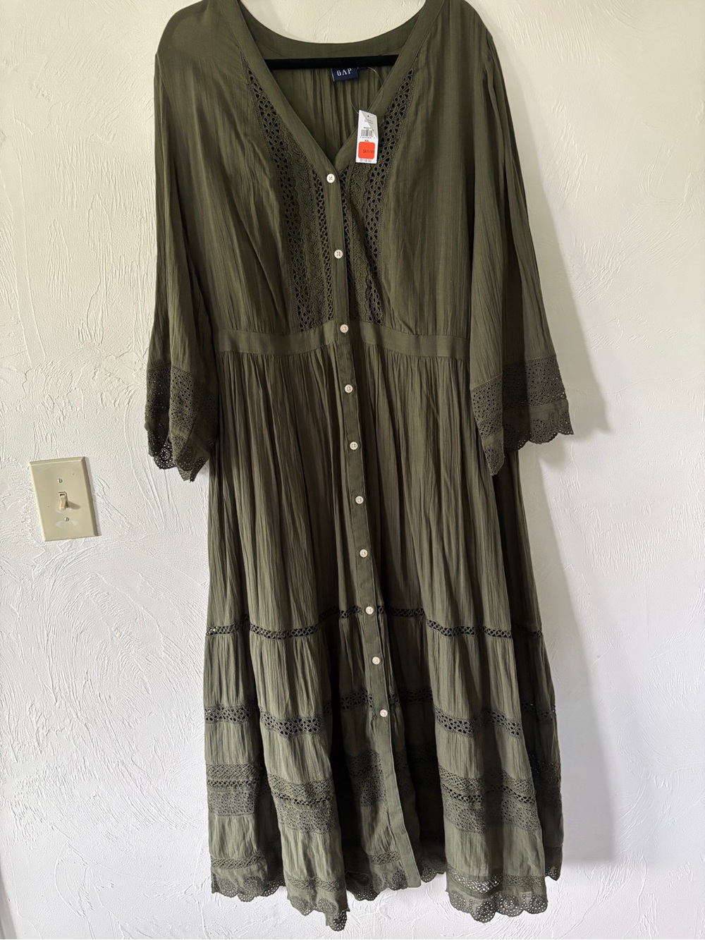 GAP Olive Crochet-Trim Button-Down Maxi Dress